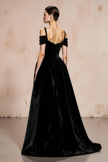 Black A-Line Cold Shoulder Velvet Long Formal Dress